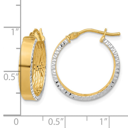 14K Yellow & Rhodium W/white Rhodium Polished and Diamond-Cut Hoop Earrings
