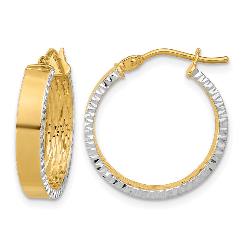 14K Yellow & Rhodium W/white Rhodium Polished and Diamond-Cut Hoop Earrings