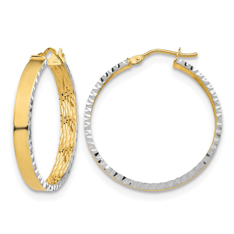 14K Yellow & Rhodium White Polished And Diamond Cut Hoop Earrings