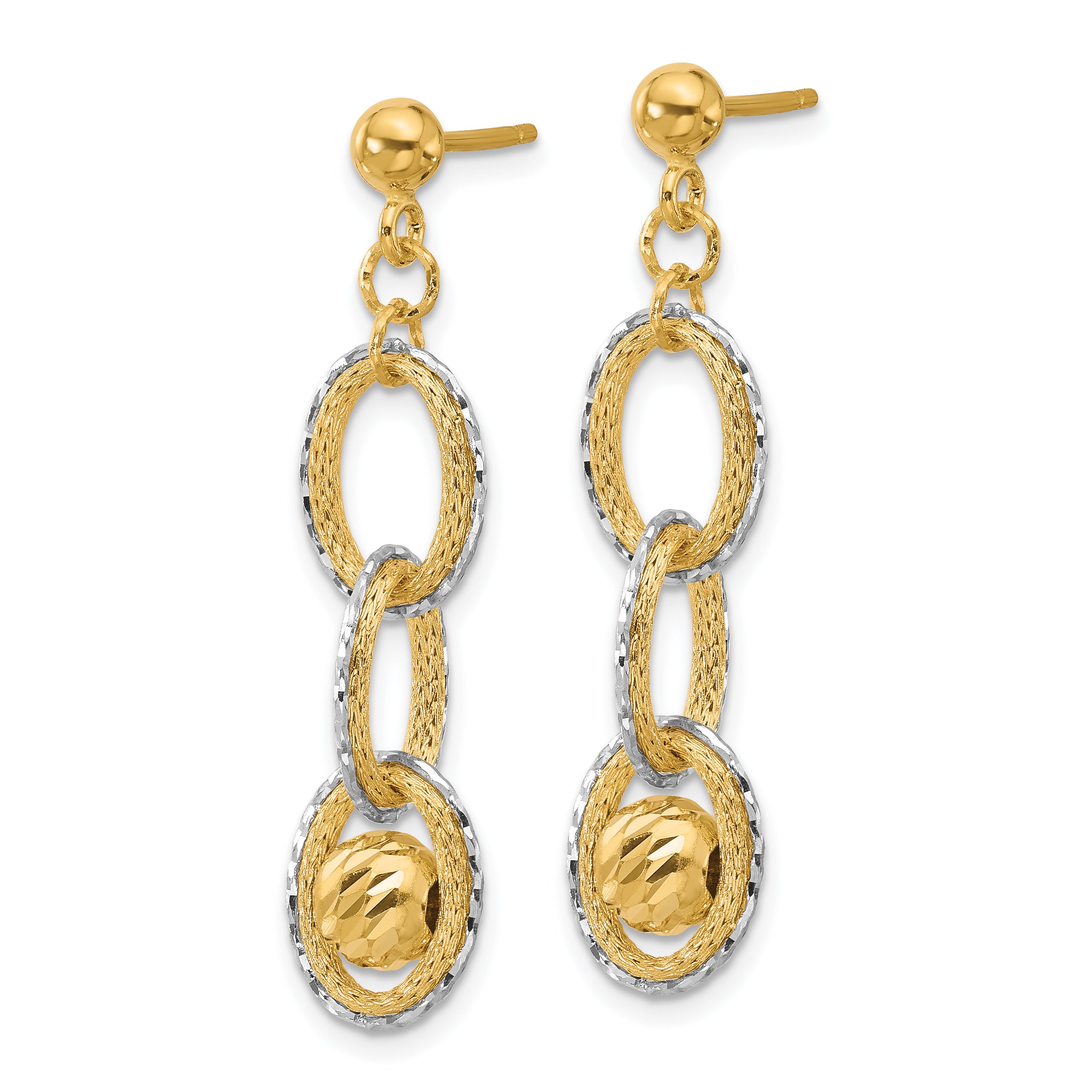 14K Two Tone Polished And Diamond Cut Dangle Post Earrings