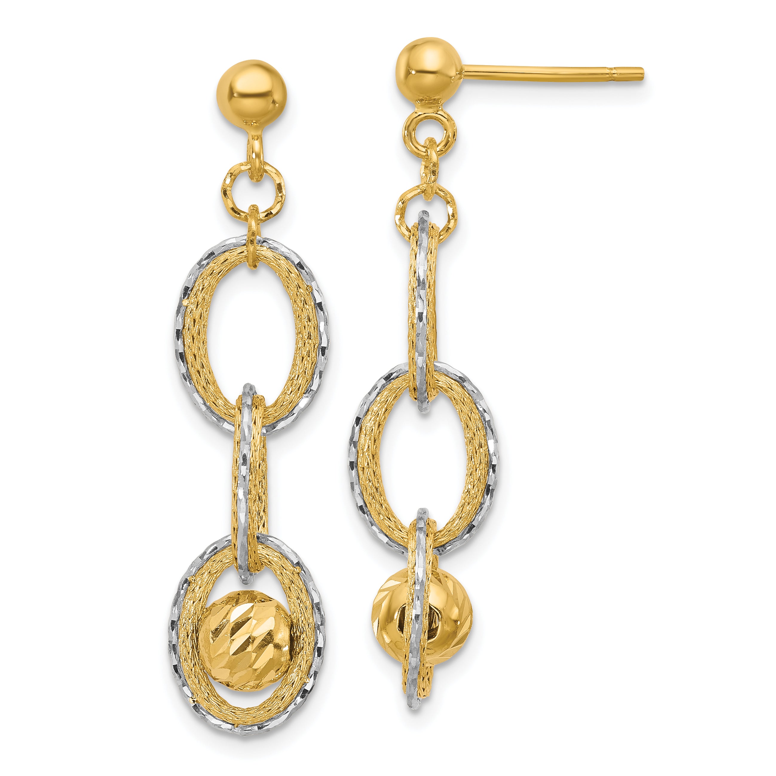 14K Two Tone Polished And Diamond Cut Dangle Post Earrings