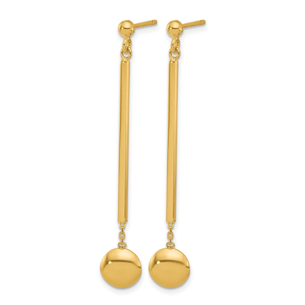 14K Yellow Gold Polished Bar With Bead Dangle Post Earrings