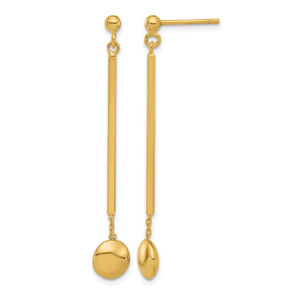 14K Yellow Gold Polished Bar With Bead Dangle Post Earrings