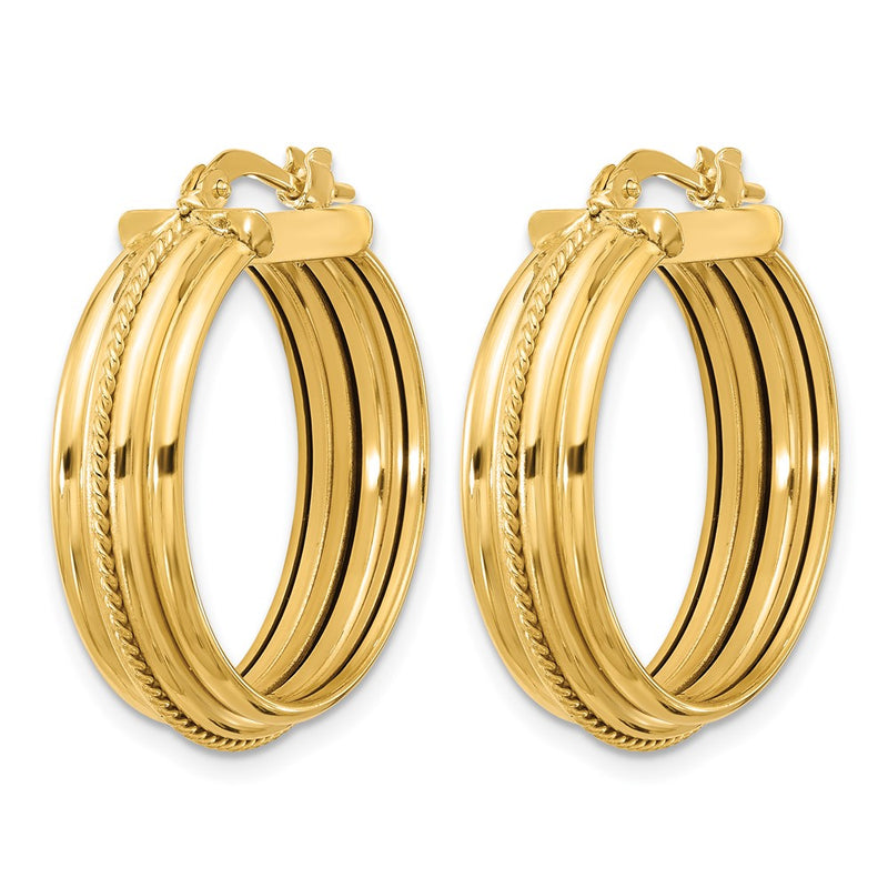 14K Yellow Gold Polished And Textured Round Hoop Earrings