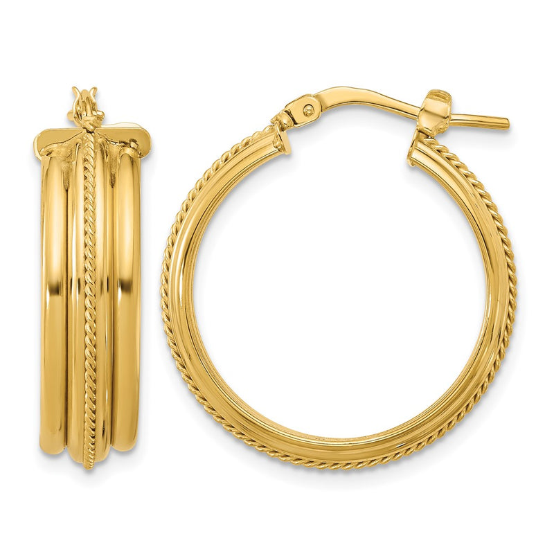 14K Yellow Gold Polished And Textured Round Hoop Earrings