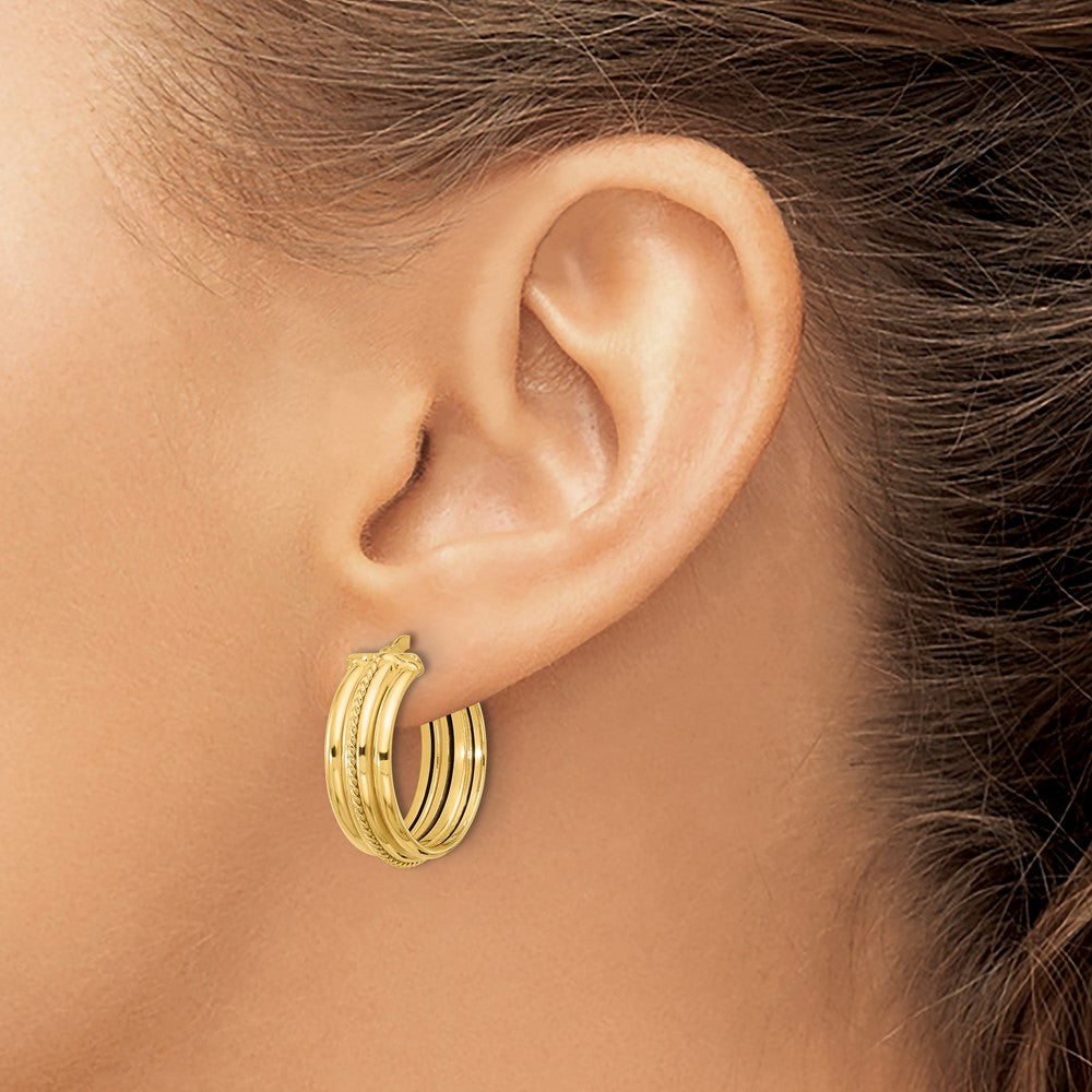 14K Yellow Gold Polished And Textured Round Hoop Earrings