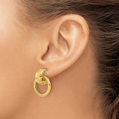 14K Yellow Gold Polished And D/C Circle Dangle Omega Back Earrings