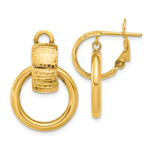 14K Yellow Gold Polished And D/C Circle Dangle Omega Back Earrings