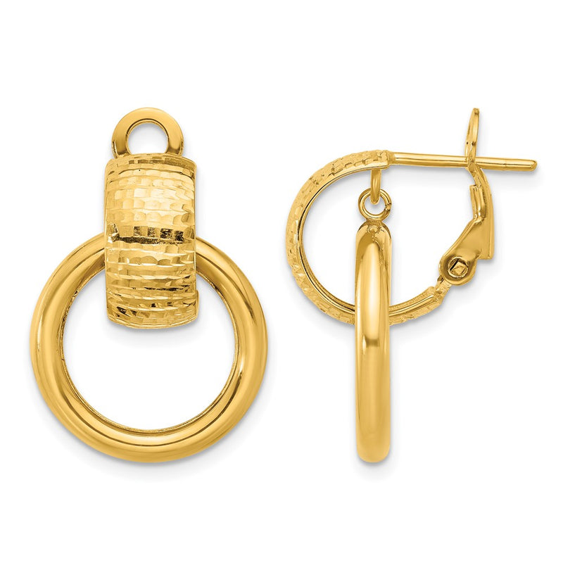 14K Yellow Gold Polished And D/C Circle Dangle Omega Back Earrings