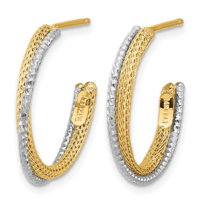 14K Yellow & Rhodium Polished/Textured/Dia Cut J Hoop Earrings