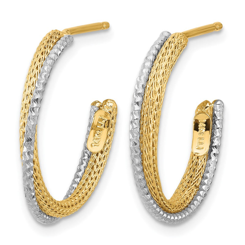 14K Yellow & Rhodium Polished/Textured/Dia Cut J Hoop Earrings
