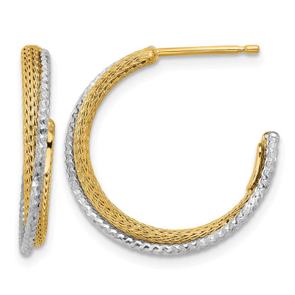 14K Yellow & Rhodium Polished/Textured/Dia Cut J Hoop Earrings