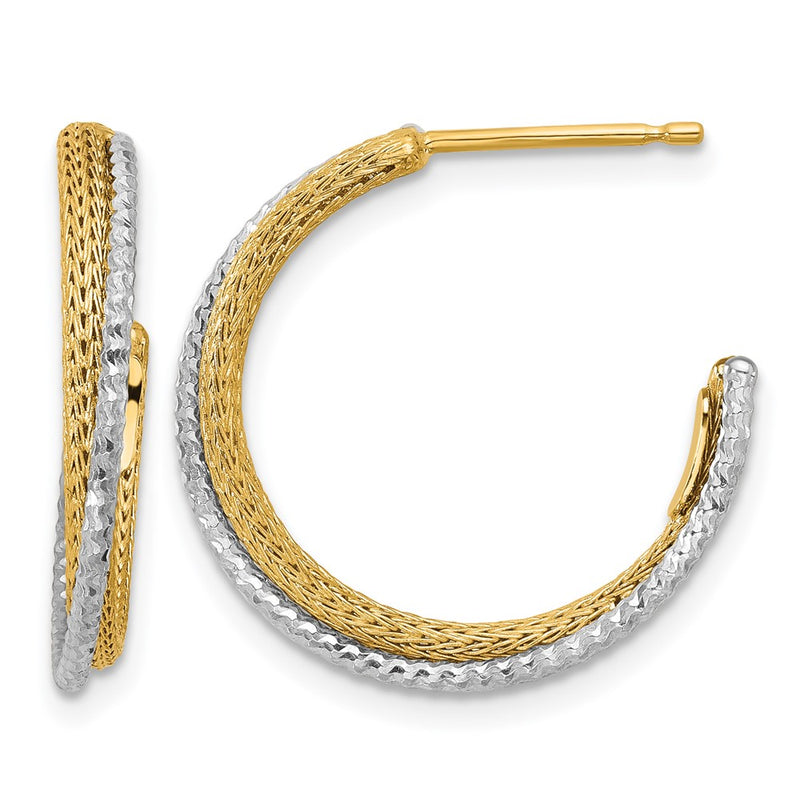 14K Yellow & Rhodium Polished/Textured/Dia Cut J Hoop Earrings