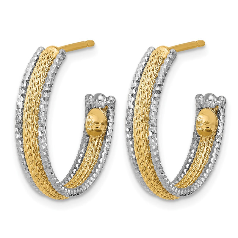 14K Yellow & Rhodium Polished/Textured/Dia Cut J Hoop Earrings