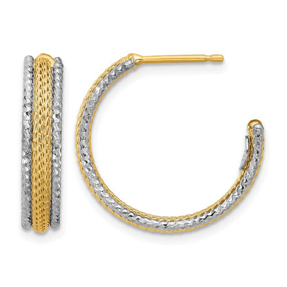 14K Yellow & Rhodium Polished/Textured/Dia Cut J Hoop Earrings