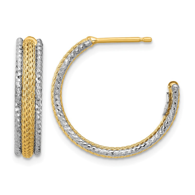 14K Yellow & Rhodium Polished/Textured/Dia Cut J Hoop Earrings