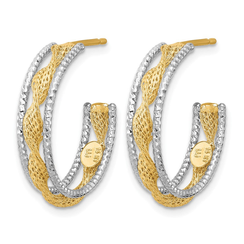 14K Yellow & Rhodium Polished/Textured/Dia Cut Twist J Hoop Earrings