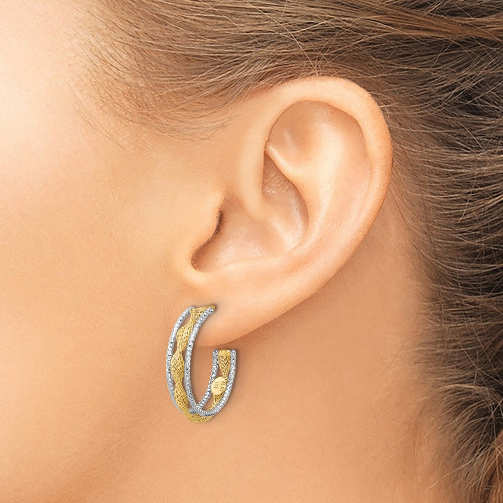 14K Yellow & Rhodium Polished/Textured/Dia Cut Twist J Hoop Earrings
