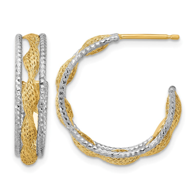 14K Yellow & Rhodium Polished/Textured/Dia Cut Twist J Hoop Earrings