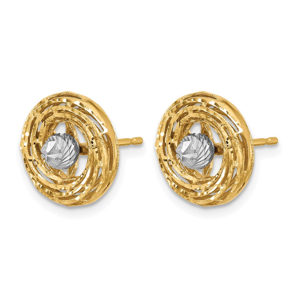 14K Two Tone Polished/Textured/Dia Cut Post Earrings