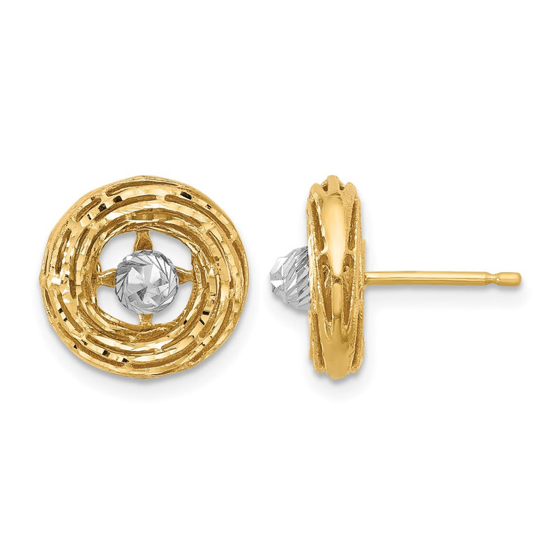 14K Two Tone Polished/Textured/Dia Cut Post Earrings