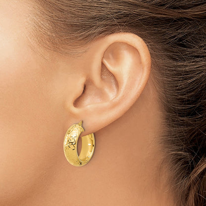14K Yellow Gold Polished And D/C Half Round Circle Hoop Earrings