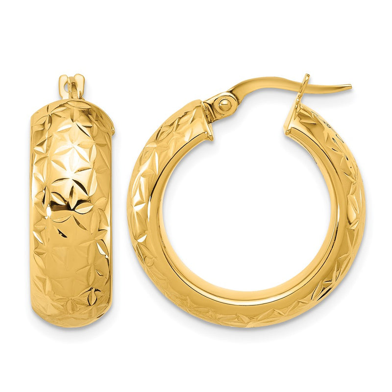 14K Yellow Gold Polished And D/C Half Round Circle Hoop Earrings