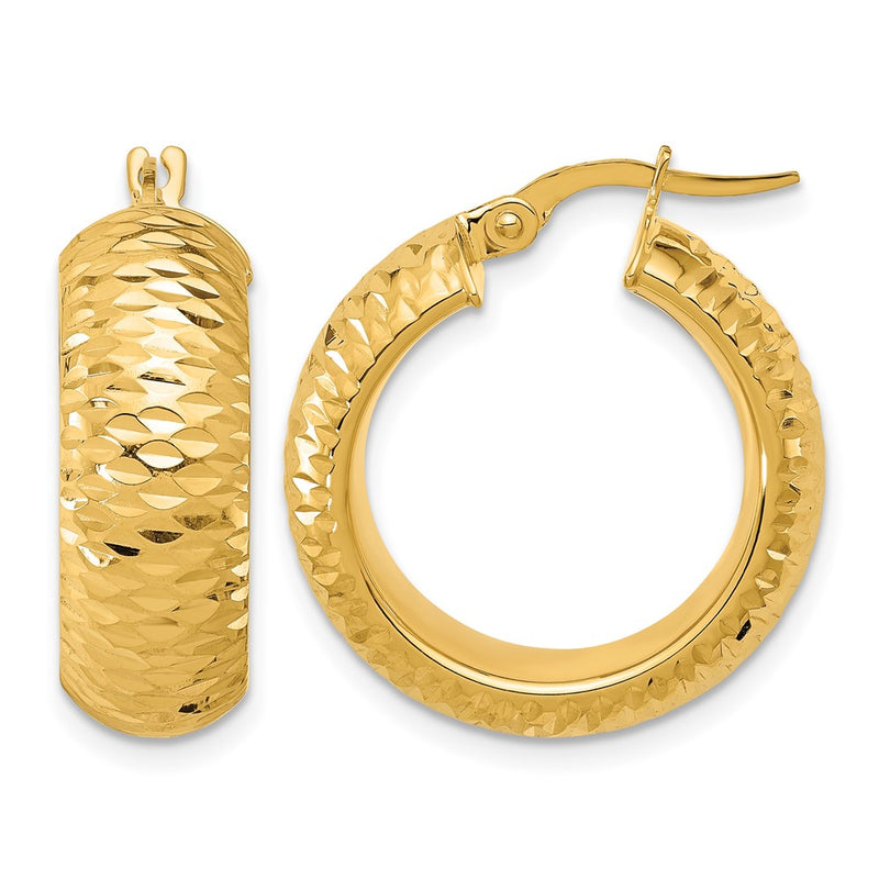 14K Yellow Gold Polished And D/C Half Round Circle Hoop Earrings