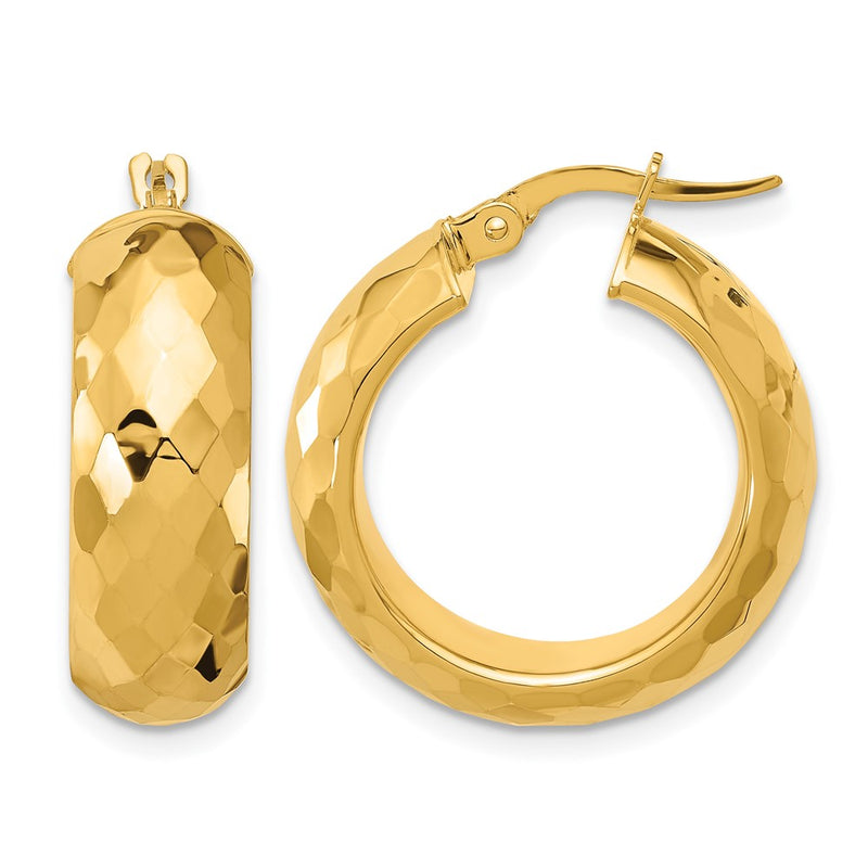 14K Yellow Gold Polished And D/C Half Round Circle Hoop Earrings
