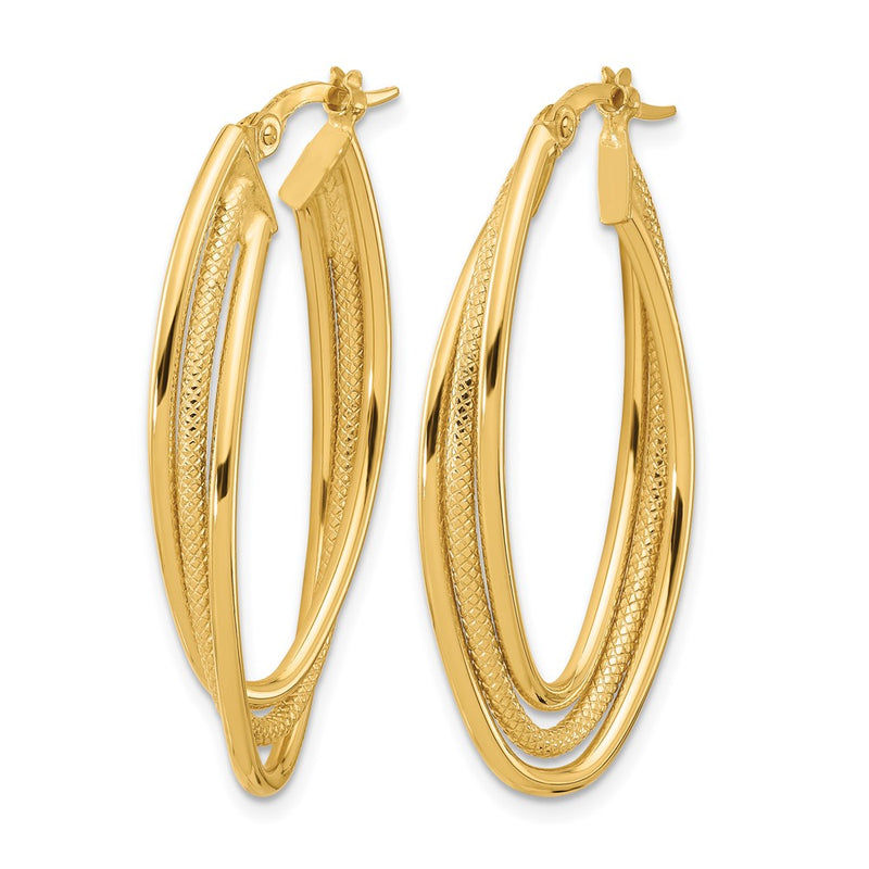 14K Yellow Gold Polished And Textured Triple Oval Twist Hoop Earrings