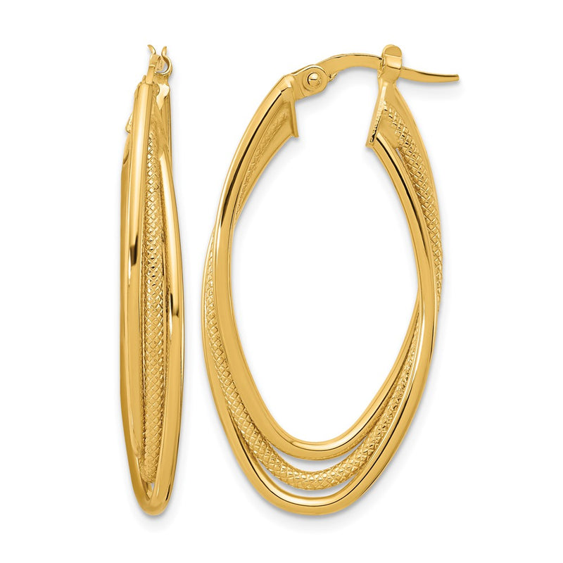14K Yellow Gold Polished And Textured Triple Oval Twist Hoop Earrings