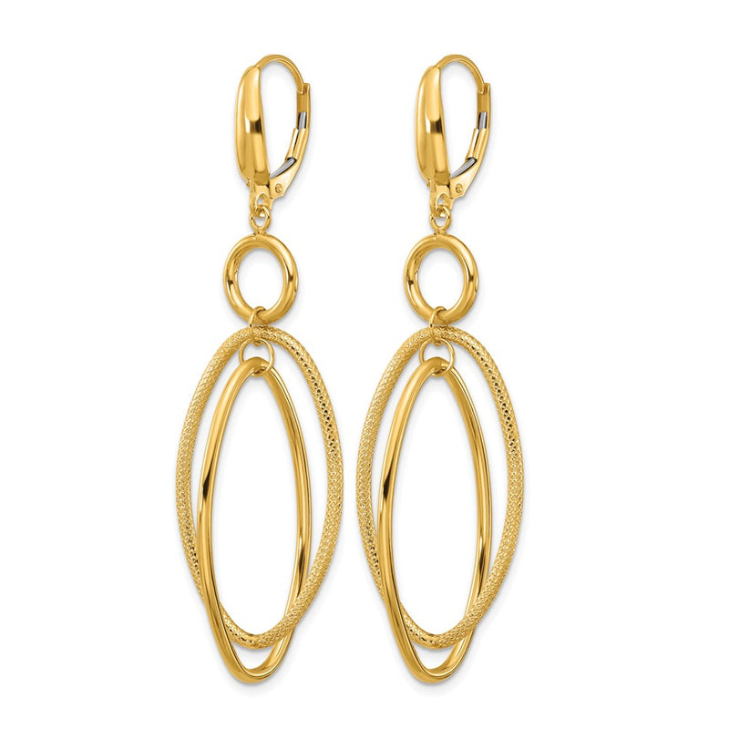 14K Yellow Gold Polished And Textured Oval Dangle Leverback Earrings