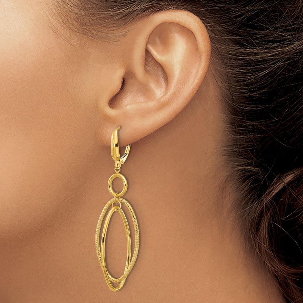 14K Yellow Gold Polished And Textured Oval Dangle Leverback Earrings