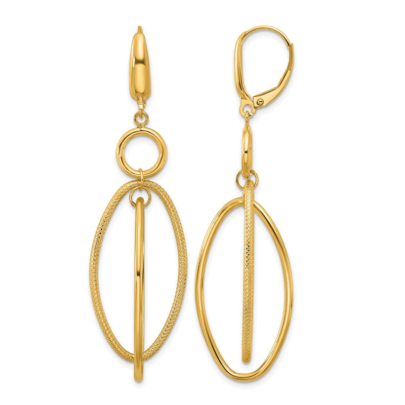 14K Yellow Gold Polished And Textured Oval Dangle Leverback Earrings