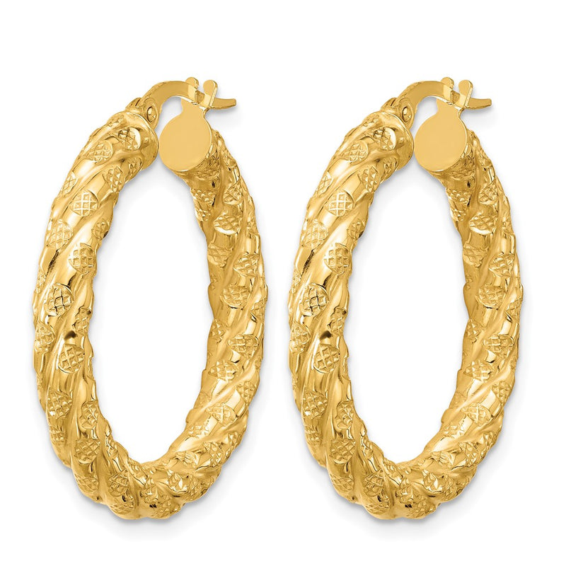 14K Yellow Gold Polished And Textured Twisted Circle Hoop Earrings