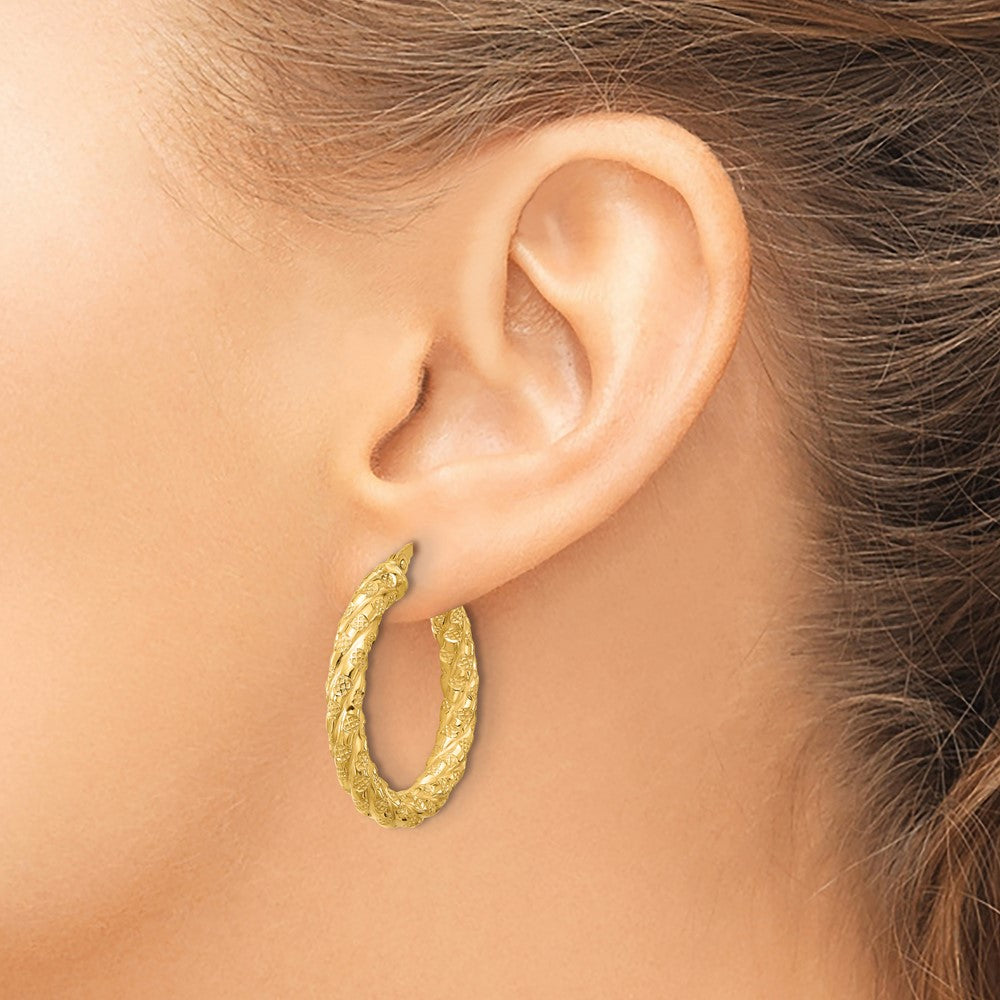 14K Yellow Gold Polished And Textured Twisted Circle Hoop Earrings