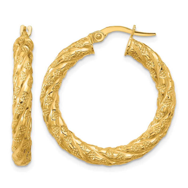 14K Yellow Gold Polished And Textured Twisted Circle Hoop Earrings