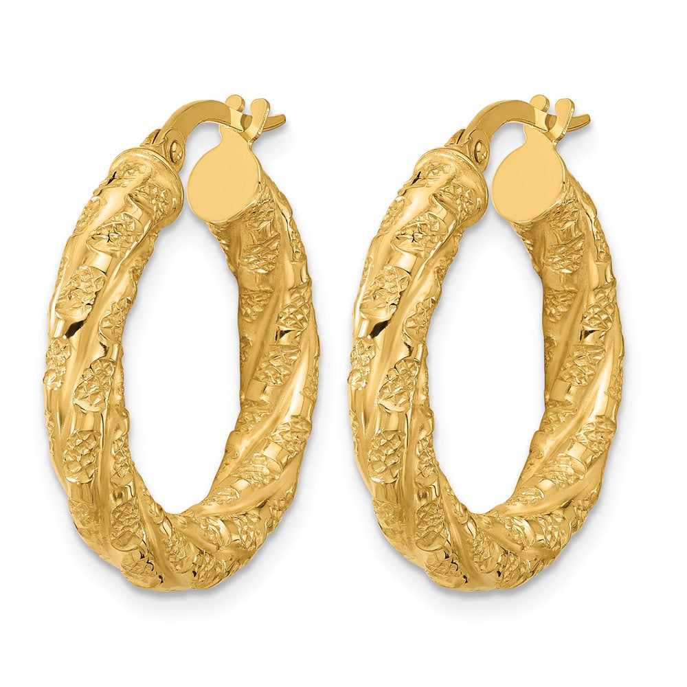 14K Yellow Gold Polished And Textured Twisted Tube Hoop Earrings