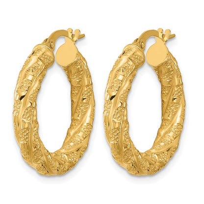 14K Yellow Gold Polished And Textured Twisted Tube Hoop Earrings
