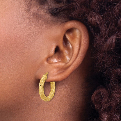 14K Yellow Gold Polished And Textured Twisted Tube Hoop Earrings