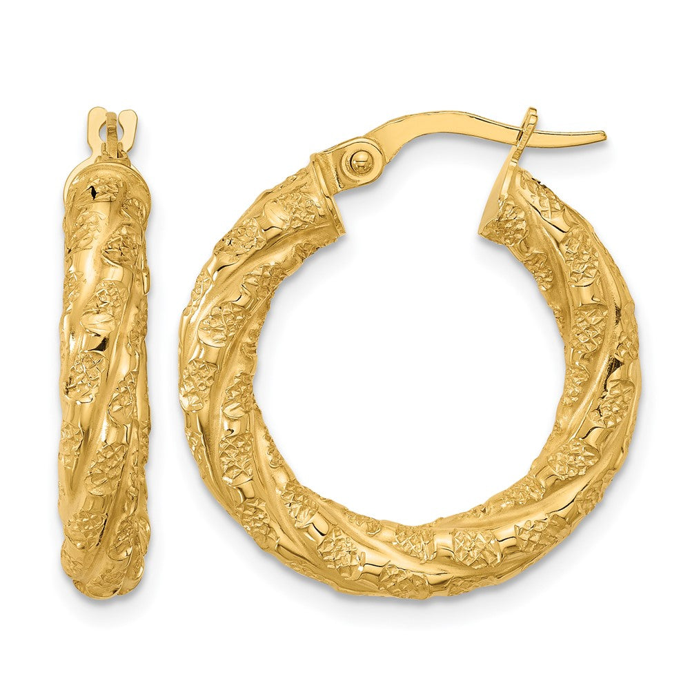 14K Yellow Gold Polished And Textured Twisted Tube Hoop Earrings