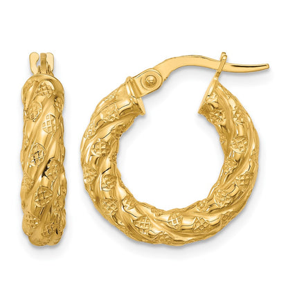 14K Yellow Gold Polished And Textured Twisted Tube Hoop Earrings