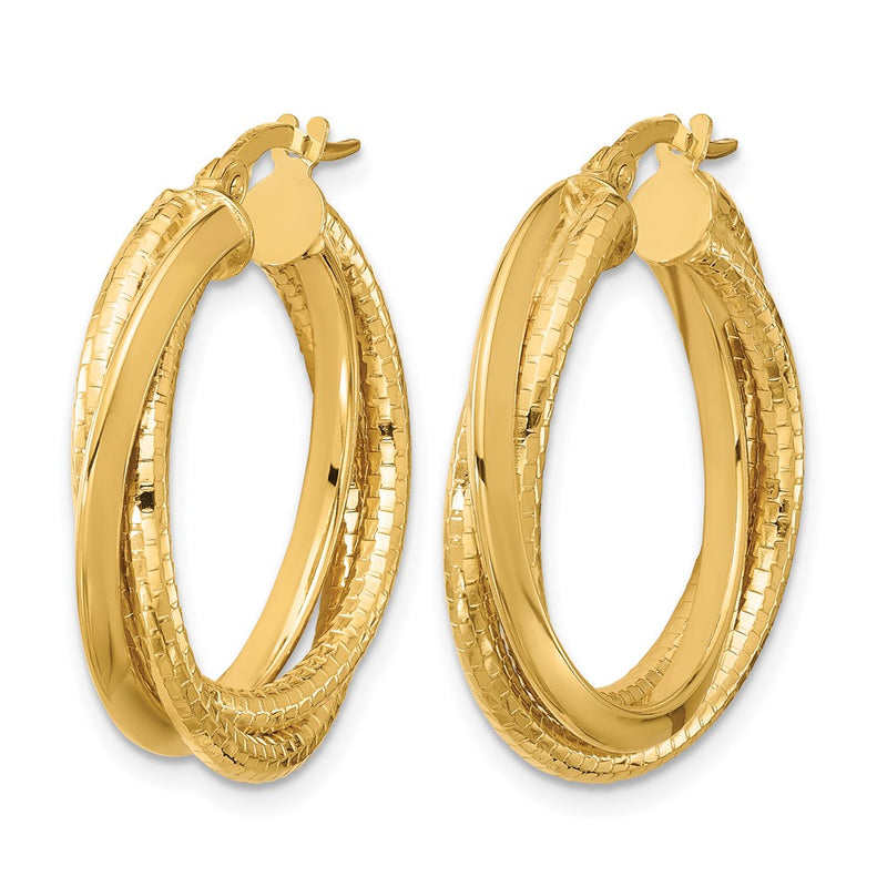 14K Yellow Gold Polished And Textured Twisted Circle Hoop Earrings