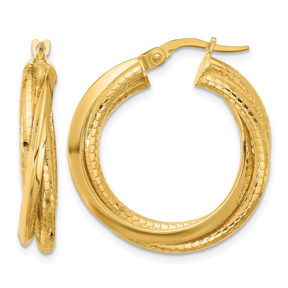 14K Yellow Gold Polished And Textured Twisted Circle Hoop Earrings