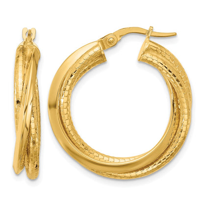 14K Yellow Gold Polished And Textured Twisted Circle Hoop Earrings