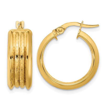 14K Yellow Gold Polished And Textured Hoop Earrings