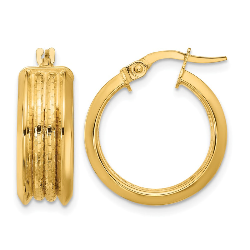 14K Yellow Gold Polished And Textured Hoop Earrings