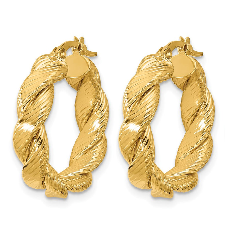 14K Yellow Gold Polished And Textured Twist Hoop Earrings