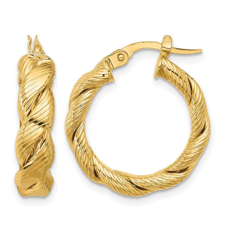 14K Yellow Gold Polished And Textured Twist Hoop Earrings