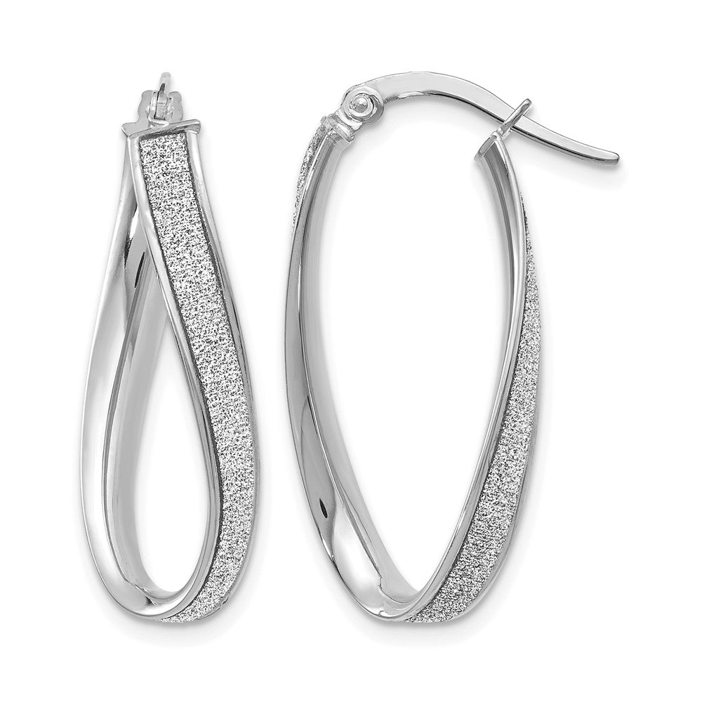 14K White Gold Polished Glimmer Infused Oval Hoop Earrings